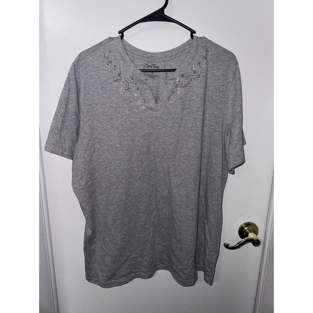 Coral Bay Woman Heather Gray Beaded Split Neck Short Sleeve Top Plus Size 1X
